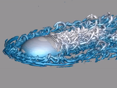 Visualization of vortical structures around an ellipsoidal object (detached-eddy simulation)