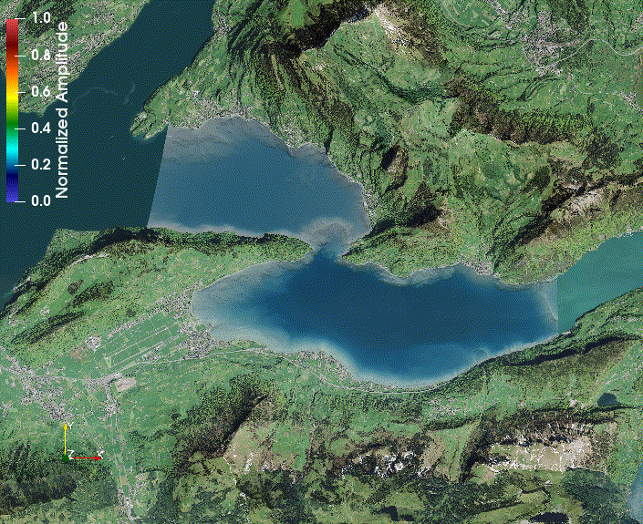 Enlarged view: Proof of Concept of the Workflow: Case Study on Lake Lucerne. Wave generation, propagation and run-up via a trigger given by two simultaneous submerged landslides. [Animation: P. Bacigaluppi, © 2017 swisstopo (JD100042)]
