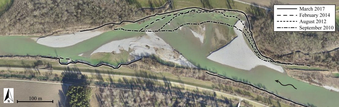 Enlarged view: Figure 1: Lower part of the 1700 m long dynamic river widening Schäffäuli along the Swiss Thur River in 2016. The channel with a former width of 50 m was initially widened in 2003 and has eroded 26000 m2 of land until 2015 (Orthophoto and data: geotopo ag (Breitensteinstrasse 16, CH-8501 Frauenfeld, www.geotopo.ch)).
