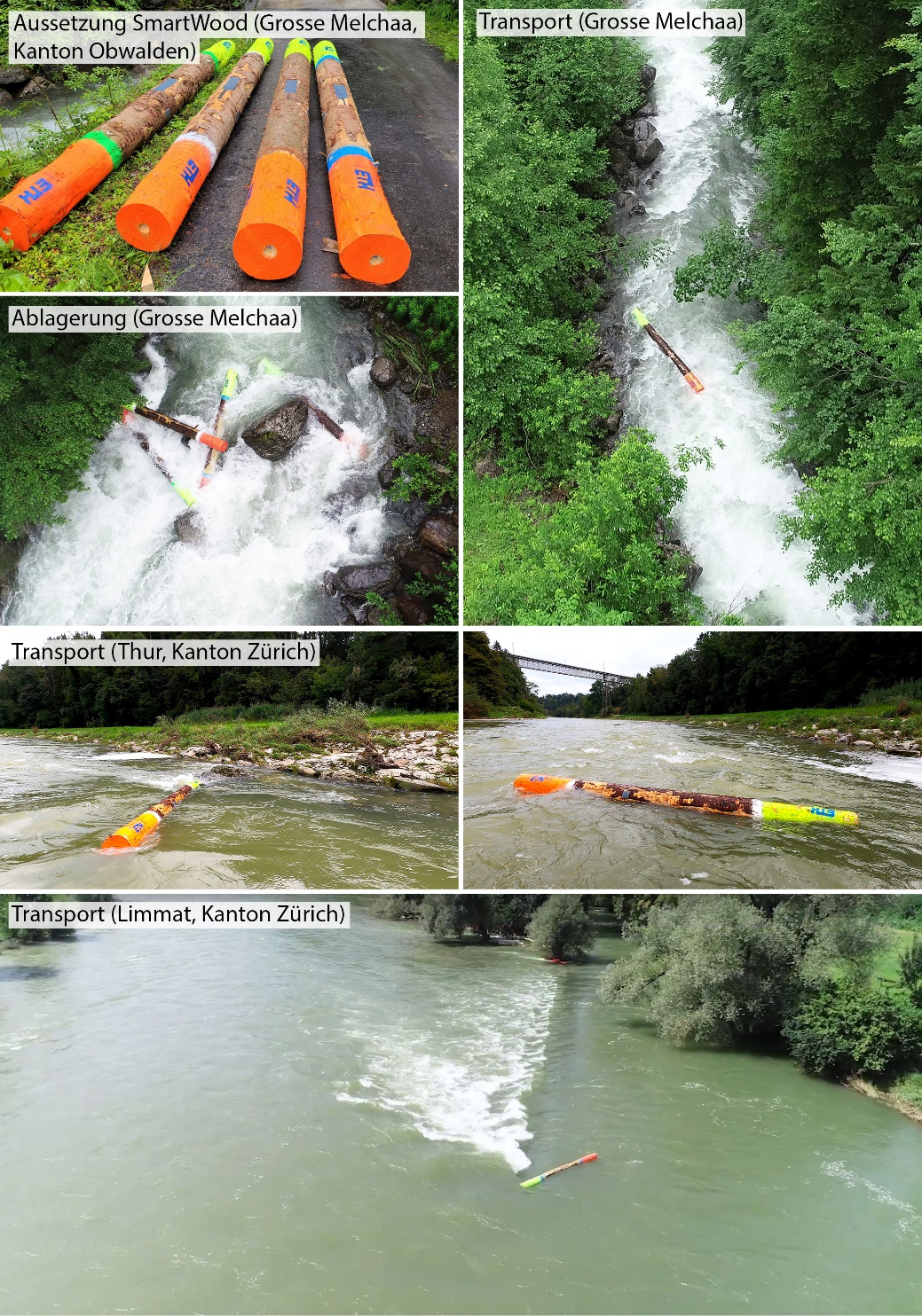 Abbildung 3: Erstmaliger Einsatz von SmartWood an drei hochwasserführenden Flüssen (Grosse Melchaa, Thur und Limmat) in der Schweiz im Sommer 2021.